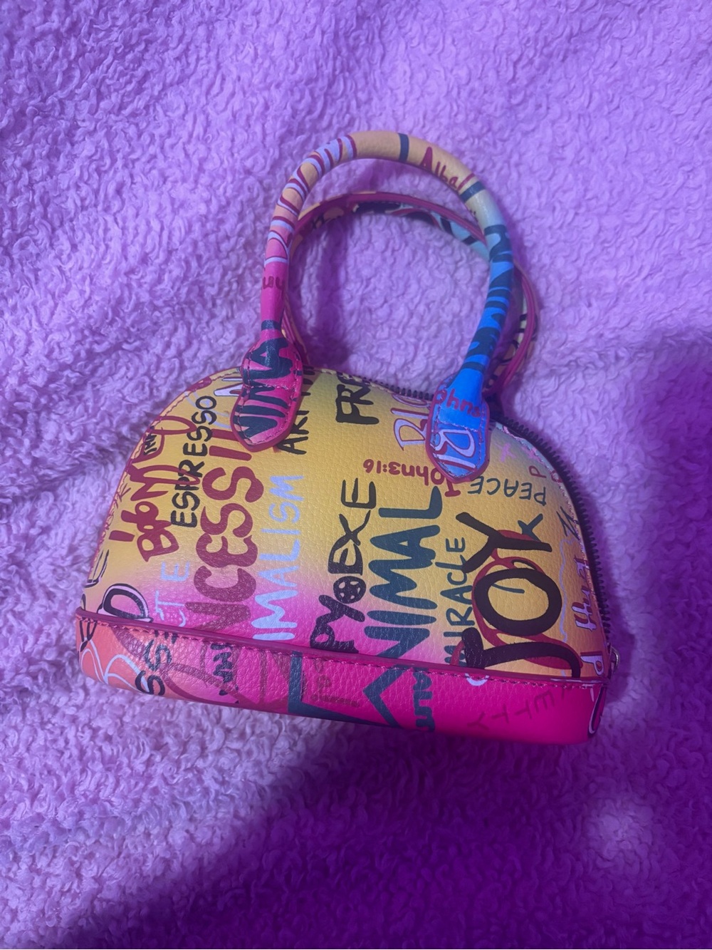 Colorful Graffiti Print Dome Satchel - Yellow Pink